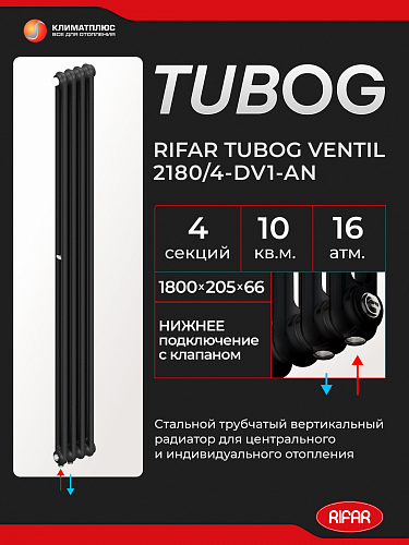 Радиатор Rifar Tubog Ventil 2180 / 4 секции, нижнее подключение, цвет Антрацит
