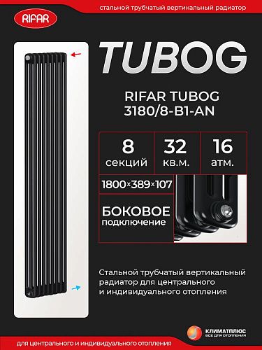 Радиатор Rifar Tubog 3180 / 8 секций, боковое подключение, цвет Антрацит