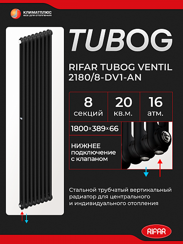 Радиатор Rifar Tubog Ventil 2180 / 8 секций, нижнее подключение, цвет Антрацит