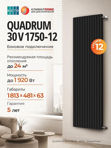Радиатор КЗТО QUADRUM 30 V 1-1750-12 секций, боковое подключение, цвет Чёрный матовый муар
